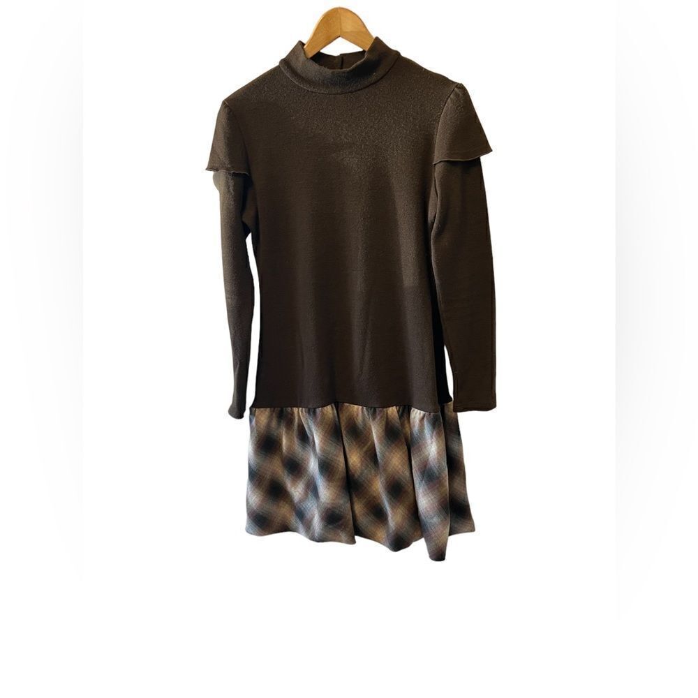 VINTAGE Wool Blend Brown Knit Drop Waist Plaid Skirt Long Sleeve Dress 48